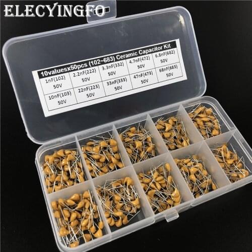 Multilayer/Monolithic Ceramic Capacitor kit 50V 1nF~68nF (102~683) P=5.08mm 10Valuesx50 Total 500pcs with box