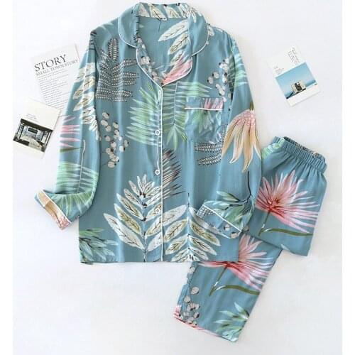 New Summer Women Pajamas Set Cotton Silk Long Sleeve Trousers Sleepwear Ladies Fresh Fashion Thin Comfortable Loose Home Wear