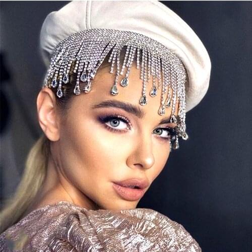 Luxury Bridal Hair Chain Full Rhinestone Tassel Wedding Head Chain for Bride Bling Crystal Hair Wedding Jewelry Headband