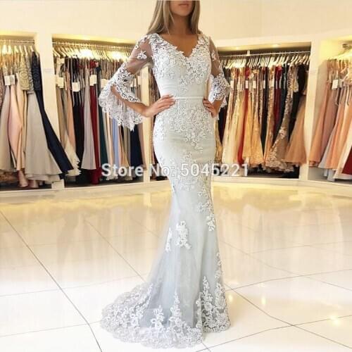 Silver Dubai Muslim Evening Dresses 2019 Mermaid V-neck 3/4 Sleeves Lace Beaded Islamic Saudi Arabic Long Formal Prom Gowns