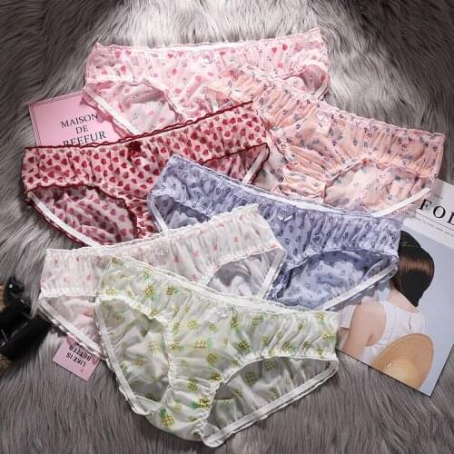 Cute Printing Mesh Ruffles Girl Panties Sexy Lace Transparent Womens Underwear Breathable Seamless Briefs Sweet Bow Lingerie