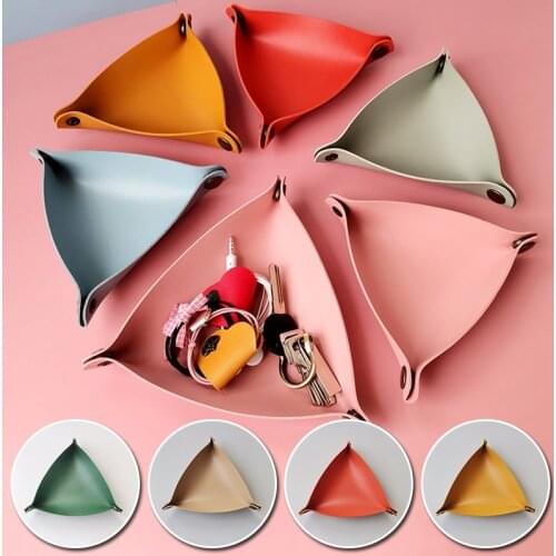 Folding Storage Trays PU Leather Triangle Home Trays Portable Box for Key Coin Wallet Makeup Desktop Box Folding Storage Trays
