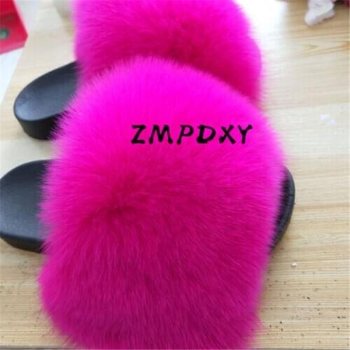 Ladies Super Big Real Fox Fur Slippers Kids/Childrens Increase Fluffy Furry Slides Womens Plush Sandals Raccoon Fur Flip Flops