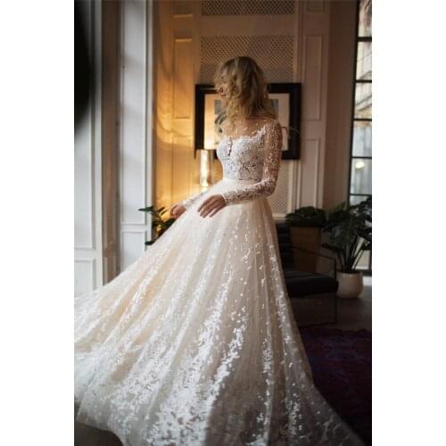 Wedding Dress Scoop Scatted Lace Long Sleeves Champagne Backless Tulle Applique Bridal Dress Vestido De Noiva Robe De Mariee