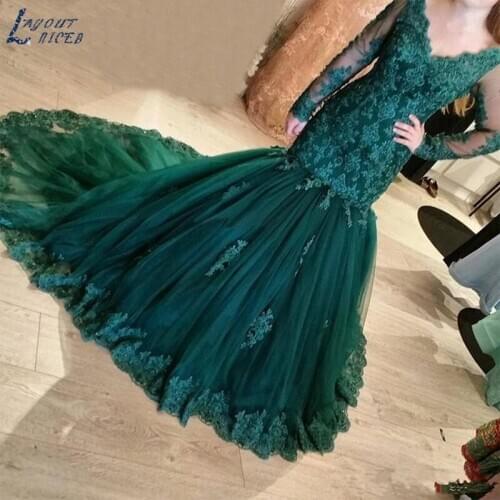 ED0511 Dark Green 2018 Lace Mermaid Evening Dresses V Neck Court Train Tulle Long Illusion Sleeves Dresses Lace Party Gowns