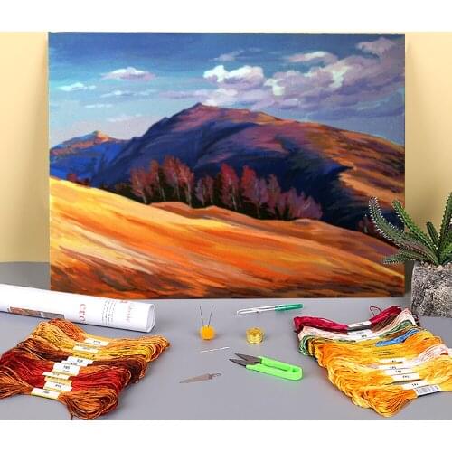 Landscape Autumn In The Mountains Printed Water-Soluble Canvas 11CT Cross-Stitch DIY Embroidery Complete Kit DMC Sales