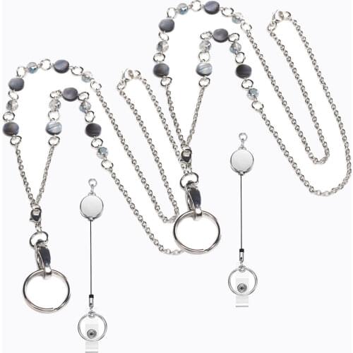 Retractable Badge Reel Lanyard for Women, Styles Beaded Chain Stainless Steel Chain Lanyard Necklace Name Badge Holder