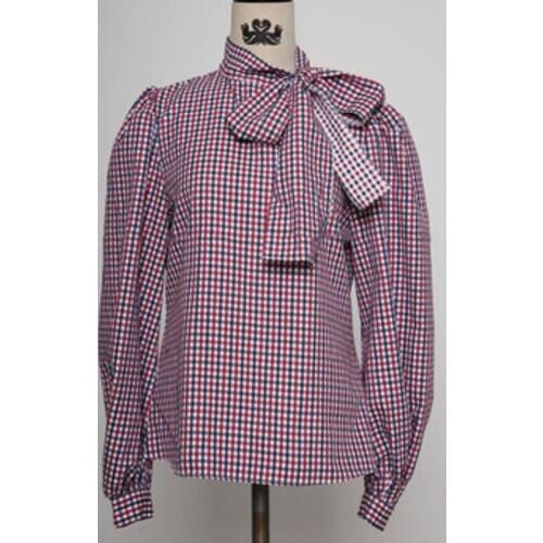 Vintage plaid bow blouse women puff sleeve spring autumn top shirt