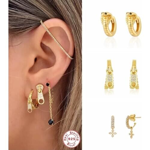 100% S925 Sterling Silver Snake Earrings European Huggies CZ Hoop Earring For Woman Lovers‘ Girls Pendientes Orecchini Jewelry