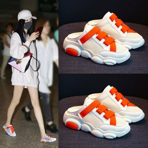 Real Soft Leather Bag Toe Half Slipper Womens 2021 Internet-Famous Middle Heel Platform Muffin Outer Wear Mesh Shoe White Shoes