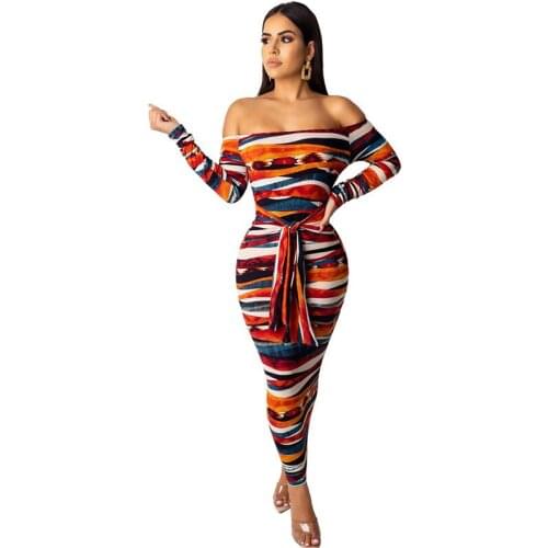 Elegant Strapless Striped Sexy Bodycon Maxi Dress Women Fall 2019 Long Sleeve Off Shoulder Club Party Long Dress Sashes Vestidos