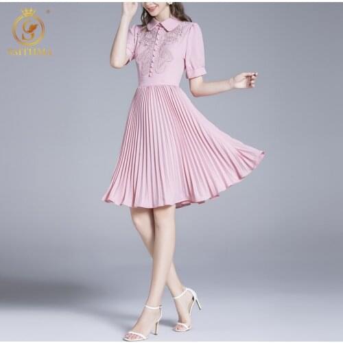 SMTHMA Ladies Embroidered Elegant Summer Dress For Women Short Sleeve High Waist Vintage Pleated Dresses Female 2021 New Clothes
