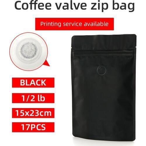 17pcs 1/2 pound 250g matte black coffee bean pouch one side degassing valve coffee bag black stand up zip bag