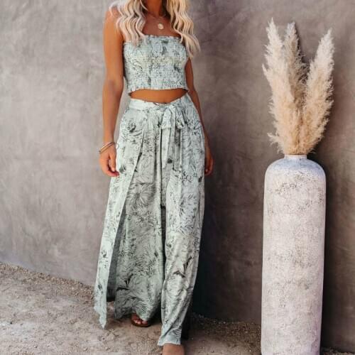 2020 Sexy 2 Pieces Sets Blue Printing Beachwear Women Floral Clothes Sets Tank Top Wide Leg Pants Outwear Beach Cover up A427