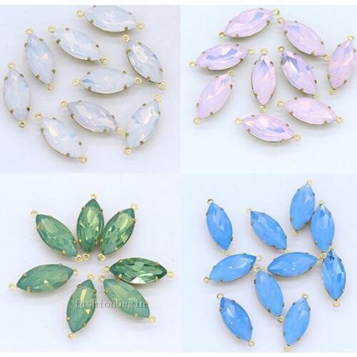 24p 5x10mm horse eye white/green/pink opal Faceted Framed Glass Pendants Earrings Findings Connectors brass setting charm 2Loops