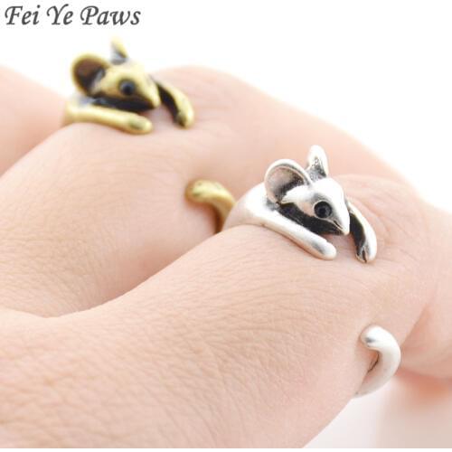 Fei Ye Paws Ethnic Mouse & Rice Metal Ring For Women Boho Brass Knuckle Girls Burnished Rat Animal Wrap Rings Men Couple Finger