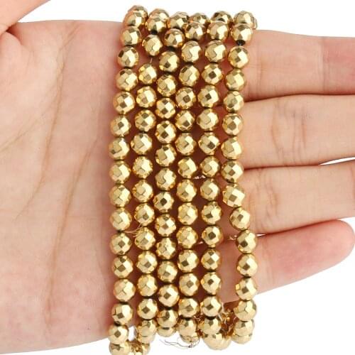Faceted Round Real Gold Plated Hematite Beads Natural Stone Loose Spacer Beads For Jewelry Making Necklace Charms 15inches 6mm