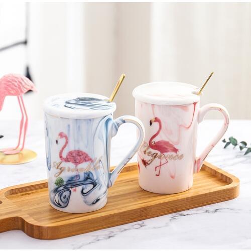 Flamingo Marble Coffee Mug with Lid and Spoon Ceramic Tea Cup Gift for Girl Women Pink 400ml