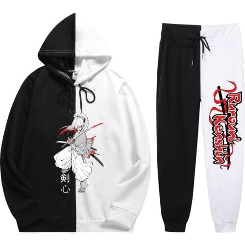 Summer Man 2 Pieces Sets Anime Rurouni Kenshin Harajuku Print Popular Comfortable Patchwork Thin Hoodie+Patchwork Pants