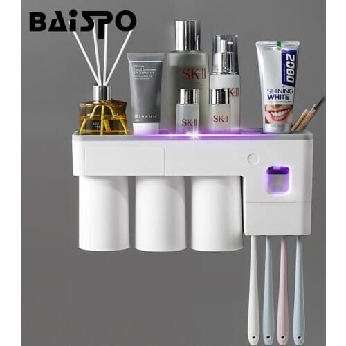 BAISPO Magnetic Adsorption Inverted Toothbrush Holder Wall Mounted Toothpaste Dispenser Squeezer Bathroom Accessories Sets