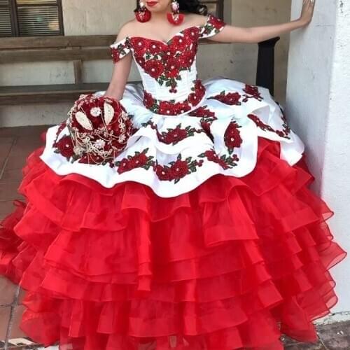 Tiered Skirt vestidos de xv años White and Red Quinceanera Dresses Applique Beaded Ball Gown Sweet 16 Dress vestido de debutante