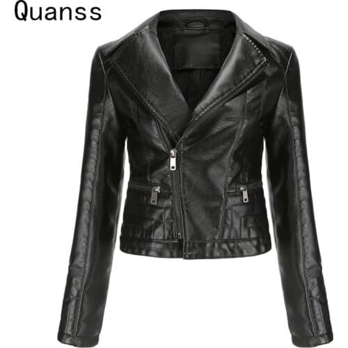 Quanss New 2021 Spring Autumn Black Pu Faux Leahter Jacket Female Short Coat Fashion Turn-Dwon Colkar Zipper Women Winter Jacket