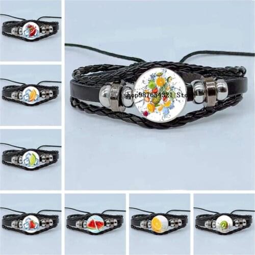 New Summer Cool Fruit Picture Bracelet Glass Dome Bracelet Multilayer Woven Leather Bracelet Jewelry