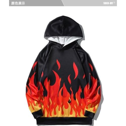 Autumn mens European size hooded sweater hip-hop street casual jacket flame print sweater male ins