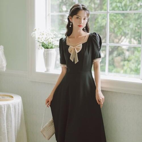 Dress Mesh bowknot Sweet Chic Vestidos Square Collar Elegant Summer French Dresses Black Temperament Retro