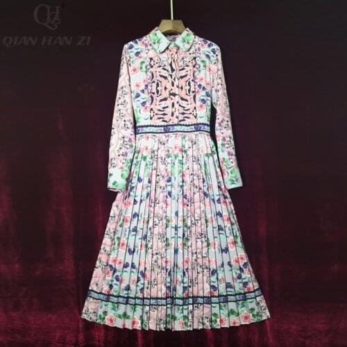 Qian Han Zi 2020 Designer Fashion Runway Dress Women Long Sleeve Flower Print Elegant Pleated Mid-length Dress