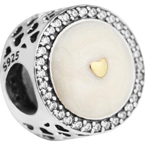 Silver Enamel & Clear CZ Golden Heart Beads for Silver 925 Original Charms Bracelets Women Jewelry DIY Beads for Jewelry Making
