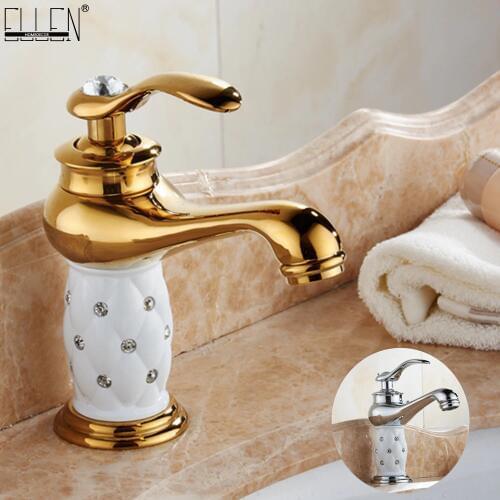 Bathroom Sink Faucet Gold Hot Cold Water Mixer Tap Crane with Diamond Body Copper Golden Faucet ELCTOO2