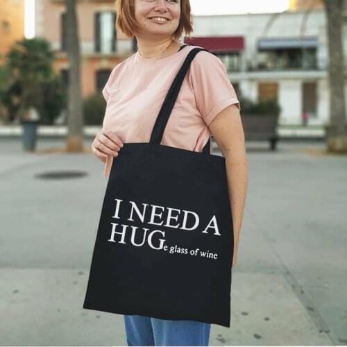 Fashion Women Shopping Totes Bag I Need A Huge of Wine Pattern Shoulder Black Canvas Bag Mom Shopper Reusable Life Book Handbags