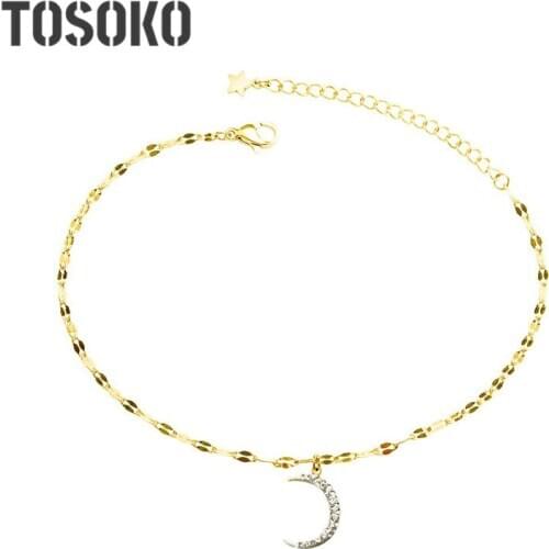 TOSOKO Stainless Steel Lip Chain With Zircon Moon Pendant Anklet For Women Elegant Jewelry BSS083