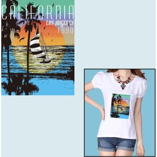 Tropical Vacation Seaside Sunset Landscape Pattern Heat Transfer for Clothing Printed Character Patch for Clothing Washable