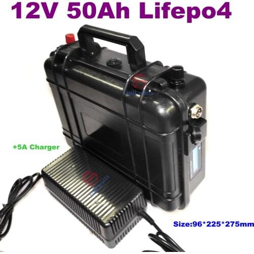 Lifepo4 12v 50ah battery+ LED voltage display ABS waterproof case 5A Charger for Bumper car boat Back machine lighting Xenon EV
