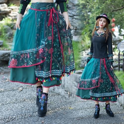 Ethnic Style Skirt Women Retro Embroidered Big Swing Skirt Mesh Print Autumn Winter Travel Vacation Long Skirt Vintage Saia Y183