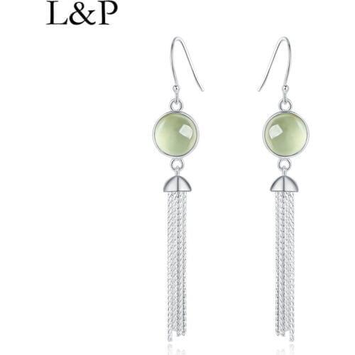 L&P 2019 Bohemia Long Tassels Earrings Natural Prehnite Earrings For Women Gemstone 925 Sterling-silver Luxury Fine Jewelry