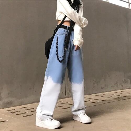 2021 New Womens Jeans Streetwear High Waist Vintage Color Contrast Baggy Casual Straight Denim Trouser Wide Leg Pants Jeans