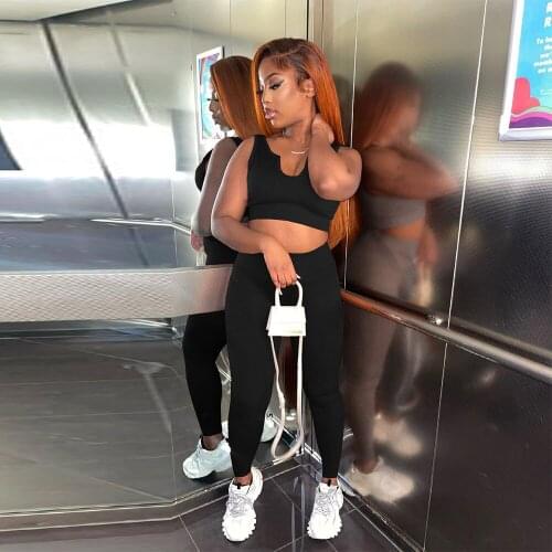 Women Fitness 2 Piece Club Outfits Women Deep V Neck Sleeveless Tank Top and Waist Shaping Pencil Legging Casual Co-ord Outfit