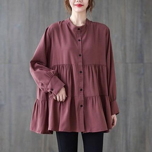 Oversized Women Casual Shirts New Arrival 2021 Autumn Vintage Style Stand Collar Solid Color Loose Female Long Sleeve Tops B995