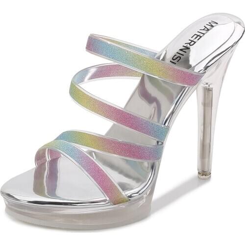 MAIERNISI Rhinestone Clear PVC Transparent High Heel Slippers Summer Fashion Slip On Round heel Slides Women Mules Pumps