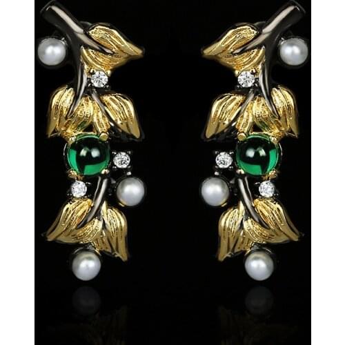 CIZEVA Women Vintage Jewelry Exquisite Two Tone Gold Leaves Stud Earrings Zircon Pearl Ladies Earring Party Jewelry