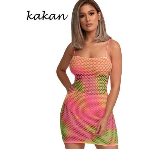 Kakan summer new womens dress sexy print mesh openwork strap dress high waist nightclub dress