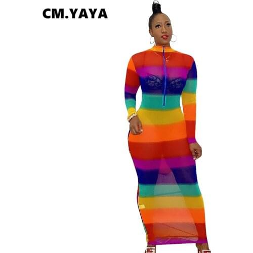CM.YAYA Women Rainbow Striped Mesh See Though Midi Maxi Bandage Dress Streetwear Sexy Long Bodycon Dresses
