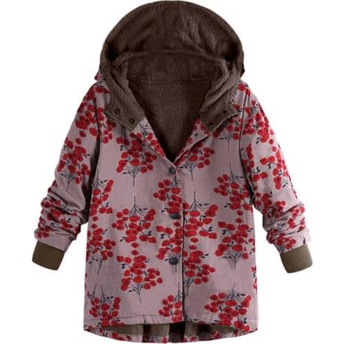 Chic Harajuku style Retro Women Floral Print Thicken Long Sleeve Hooded Button Padded Coat Outwear wholesale dropshiping