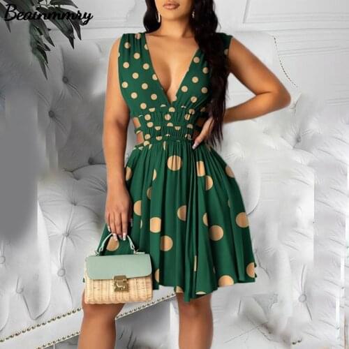 Women Vintage Polka Dot Print Sleeveless Mini Dress 2021 Summer Sexy Ladies Deep V Neck Hollow Out Party Dresses Vestidos