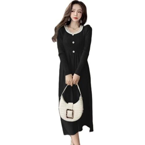 Winter sweater knitting one piece Korea Ladies Long SLeeve crew neck warm LOng Maxi pleate Dresses for women clothing