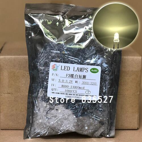 1000PCS/LOT F3 3MM Round Transparent Shell Warm White LED Light-emitting Diodes Water Clear For DIY Light lamp beads DIP