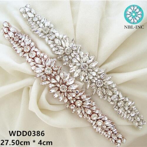 30PCS) Wholesale iron on bridal sash beaded sewing silver crystal rhinestone appliques for wedding dresses sash belt WDD0386